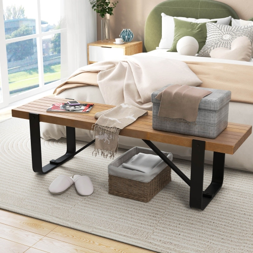 Costway 60" Long Hallway Bench Entryway Bench with Metal Frame Farmhouse Wooden Shoe Rack