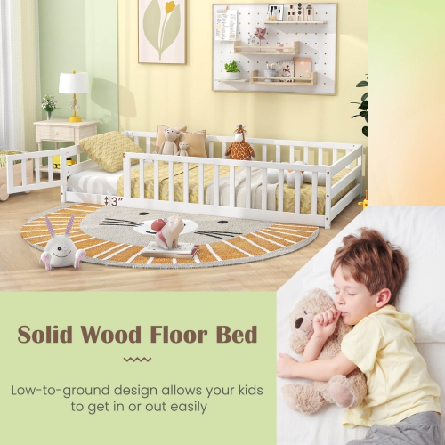 Full Size Floor Bed For Kids, Platform Montessori Bed With Fence-Shaped