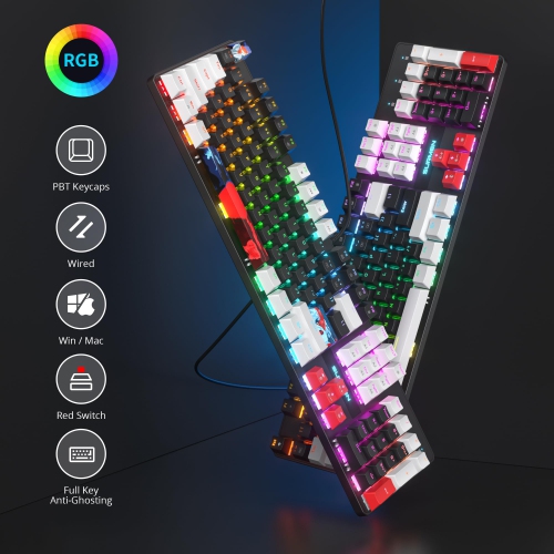 104 Keys Full Size Mechanical Gaming Keyboard with Number Pad, Wired 100% Light UP Office Keyboard NKRO RGB Backlit Red Switch for PC Gamer(104 Black)