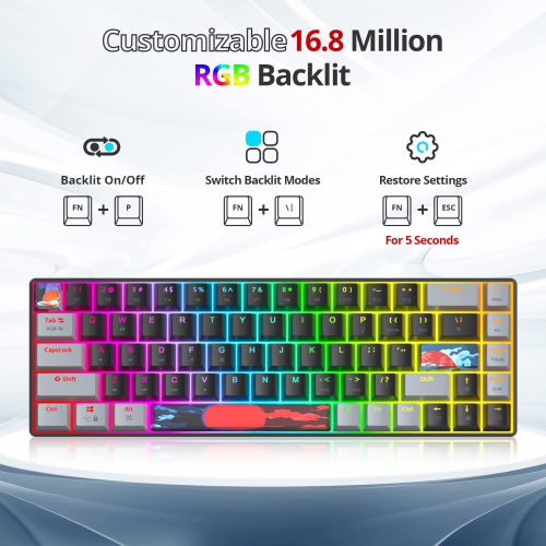 Portable 65% Percent Mechanical Gaming Keyboard, Mini Wired Ultra Compact RGB 68 Keys Office Keyboard with Red Switch Backlit for PC/PS5/XBOX(Dark/