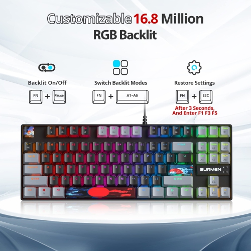 75% Percent Gaming Keyboard Mechanical with Red Switch, 87 Keys Wired RGB TKL Gaming Keyboard Backlit Keys for PC Xbox PS