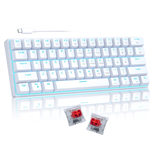 HLD 60 Percent Mechanical Gaming Keyboard, White Gaming Keyboard With Red Switches, Detachable Type-C Cable 60% Mini Keyboard With Powder Blue Light for Windows/mac/pc/laptop