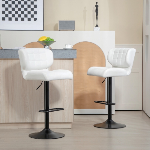 HOMCOM Adjustable Bar Stools Set of 2, Swivel Tufted PU Leather Barstools with Footrest, Back and Large Base, Upholstered Bar Chairs for Kitchen