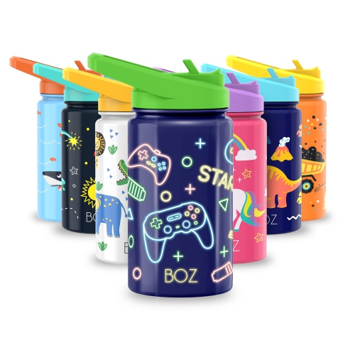 BOZ  Kids Insulated Water Bottle \w Straw Lid, Stainless Steel Vacuum Double Wall Water Cup, 14 OZ (414Ml) Carry Handle, Bpa-Free And Dishwasher-Safe