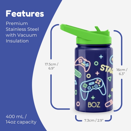 BOZ Kids Insulated Water Bottle with Straw Lid, Stainless Steel Vacuum Double Wall Water Cup, 14 oz Carry Handle, BPA-free and Dishwasher-safe (Game)