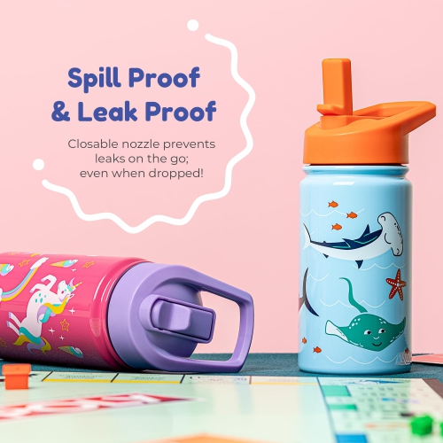 BOZ Kids Insulated Water Bottle with Straw Lid, Stainless Steel Vacuum Double Wall Water Cup, 14 oz Carry Handle, BPA-free and Dishwasher-safe (Game)
