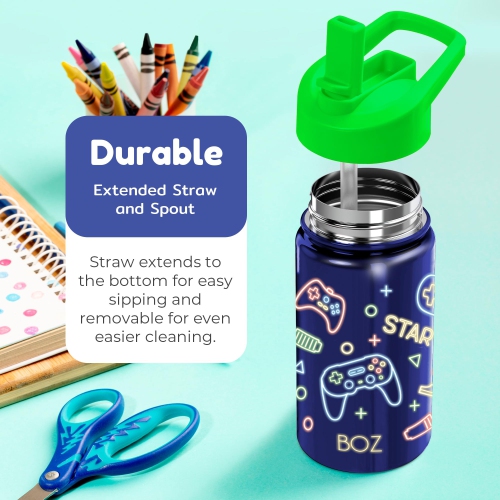 BOZ Kids Insulated Water Bottle with Straw Lid, Stainless Steel Vacuum Double Wall Water Cup, 14 oz Carry Handle, BPA-free and Dishwasher-safe (Game)