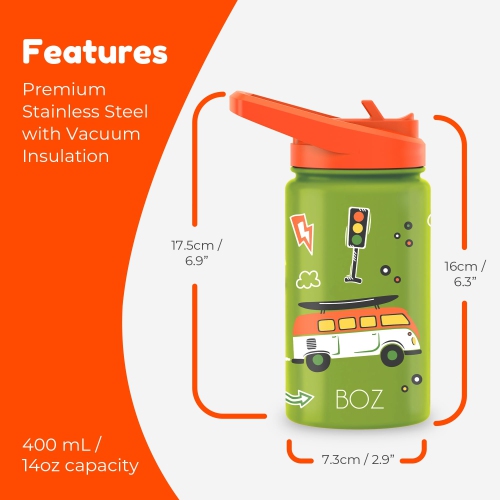 BOZ Kids Insulated Water Bottle with Straw Lid, Stainless Steel Vacuum Double Wall Water Cup, 14 oz Carry Handle, BPA-free and Dishwasher-safe (Cars)