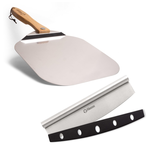 Chef Pomodoro Pizza Peel 12x14" & 14" Stainless Steel Pizza Rocker Cutter Set - Metal Pizza Peel Paddle, Pizza Spatula Paddle, Pizza Cutter Rocker