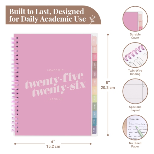 Rileys & Co – Agenda hebdomadaire diagonal dynamique 2025-2026, année scolaire, 12 mois, 8 x 6, rose
