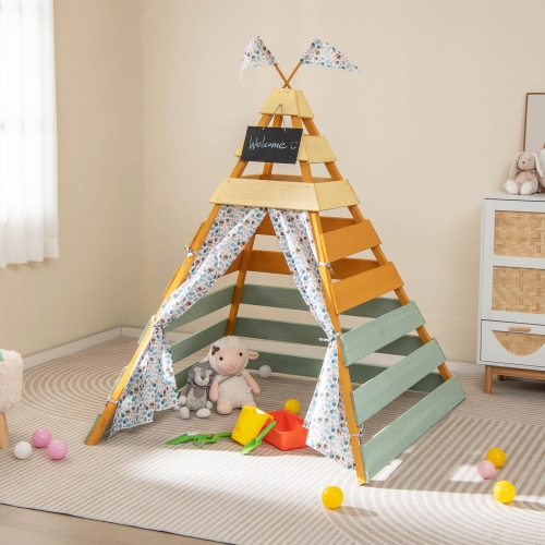 Costway Kids Teepee Tent with Machine Washable Flags & Door Curtains Detachable Chalkboard