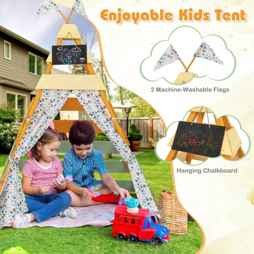 Costway Kids Teepee Tent with Machine Washable Flags & Door Curtains Detachable Chalkboard
