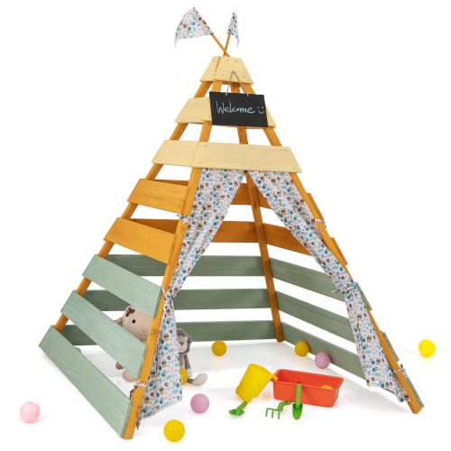 Costway Kids Teepee Tent with Machine Washable Flags & Door Curtains Detachable Chalkboard