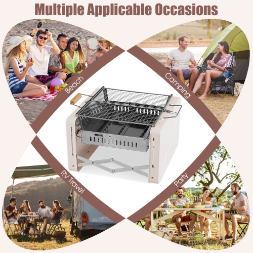 Costway Outdoor Charcoal Grill with 2 Stainless Steel Grill Nets Charcoal Box for Camping