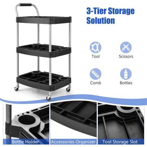 Costway 3 Tier Rolling Tool Cart with Handle Tool Storage Slot Universal Wheels for Garage