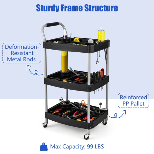 Costway 3 Tier Rolling Tool Cart with Handle Tool Storage Slot Universal Wheels for Garage