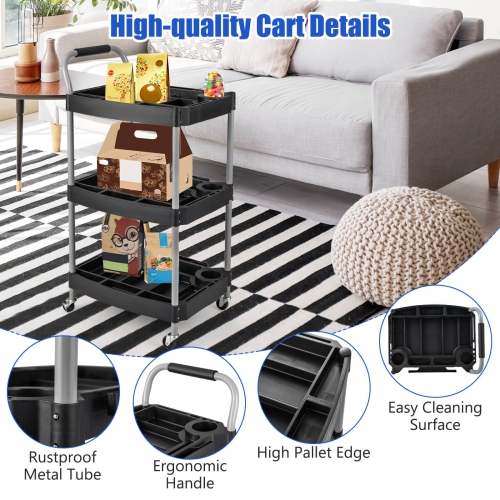 Costway 3 Tier Rolling Tool Cart with Handle Tool Storage Slot Universal Wheels for Garage