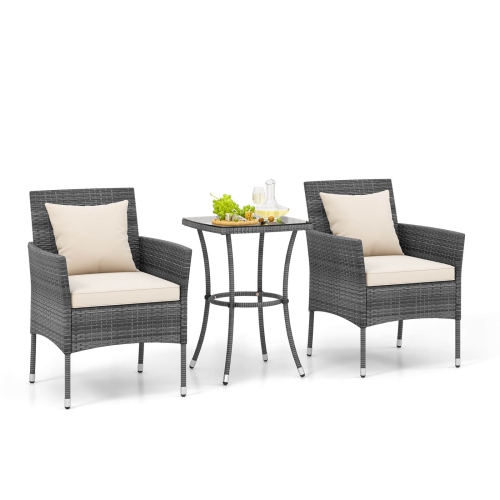 COSTWAY  3 PCs Patio Furniture Set With Cushioned Patio Chairs & Tempered Glass Coffee Table