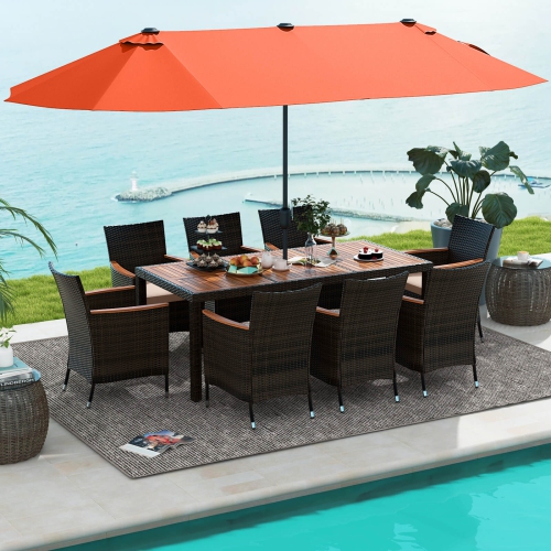 Costway 9 PCS Patio Wicker Dining Set with Double-Sided Outdoor Umbrella 8 Stackable Chairs