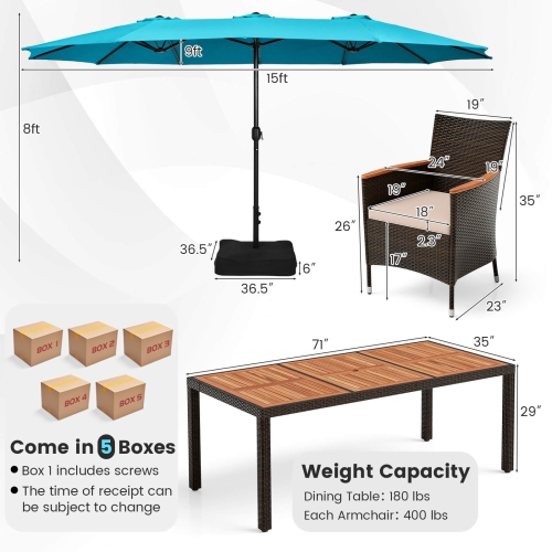Ensemble patio osier de 9 pièces avec parasol recto verso 8 chaises empilables de Costway