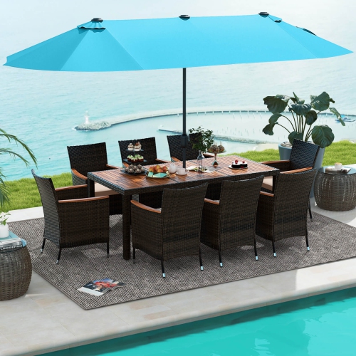 Ensemble patio osier de 9 pièces avec parasol recto verso 8 chaises empilables de Costway