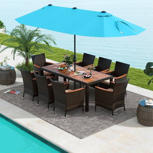 Ensemble patio osier de 9 pièces avec parasol recto verso 8 chaises empilables de Costway