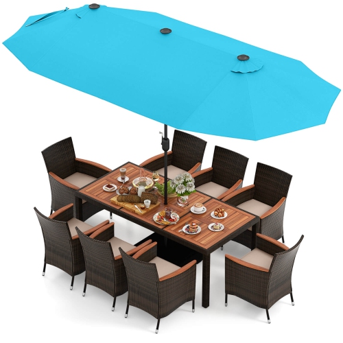 Ensemble patio osier de 9 pièces avec parasol recto verso 8 chaises empilables de Costway
