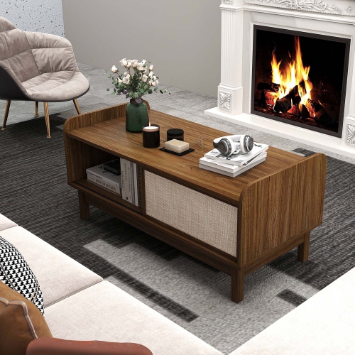 Costway Rectangular Coffee Table with Storage Weaving Sliding Door & Adjustable Shelf