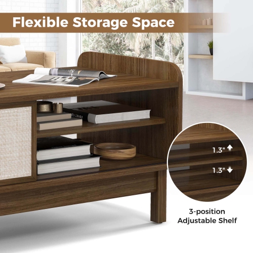 Costway Rectangular Coffee Table with Storage Weaving Sliding Door & Adjustable Shelf