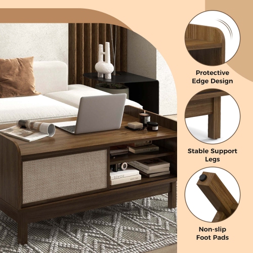 Costway Rectangular Coffee Table with Storage Weaving Sliding Door & Adjustable Shelf