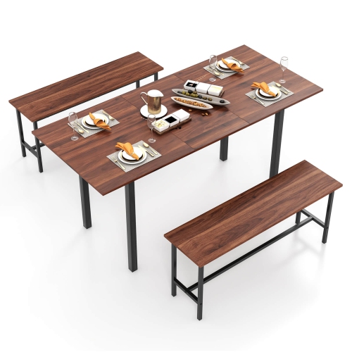 COSTWAY  3 Piece Dining Table Set for 4-6 63"kitchen Table With 2 Benches Metal Frame