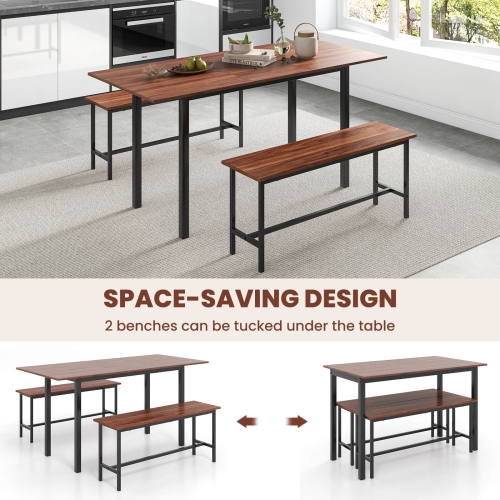 Costway 3 Piece Dining Table Set for 4-6 63"Kitchen Table with 2 Benches Metal Frame