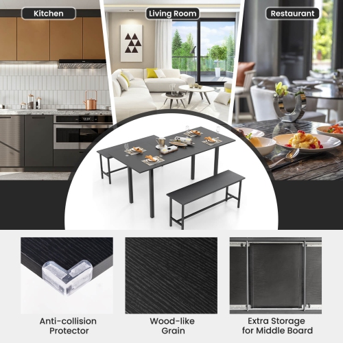 Costway 3 Piece Dining Table Set for 4-6 63"Kitchen Table with 2 Benches Metal Frame