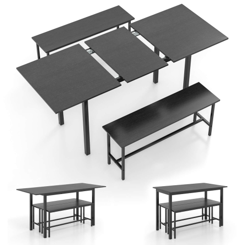 Costway 3 Piece Dining Table Set for 4-6 63"Kitchen Table with 2 Benches Metal Frame