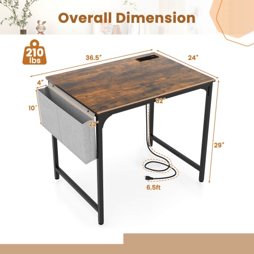 Costway 32" Computer Desk Small with Charging Station Storage Bag & Headphone Hook