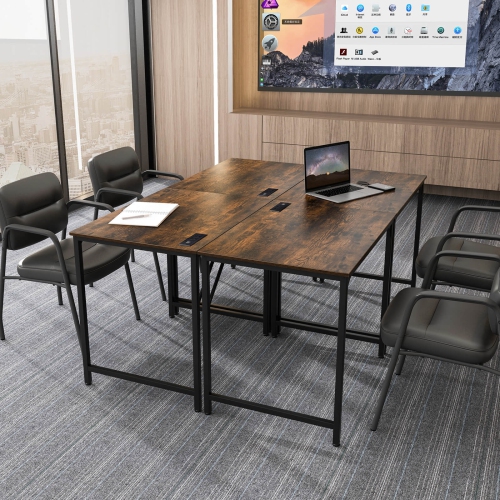 Costway 32" Meeting Room Desk Set of 4 with Charging Station & Headphone Hook Metal Frame Brown