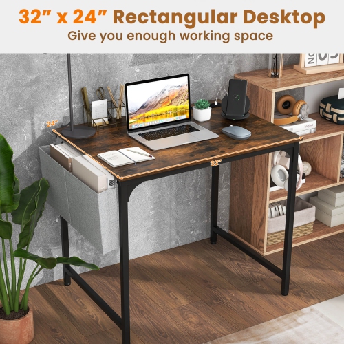 Costway 32" Meeting Room Desk Set of 4 with Charging Station & Headphone Hook Metal Frame Brown
