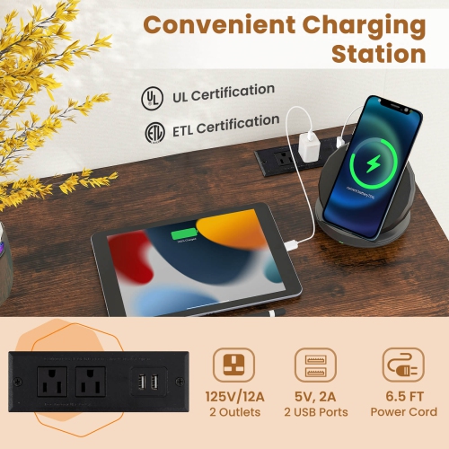 Costway 32" Meeting Room Desk Set of 6 with Charging Station & Headphone Hook Metal Frame Brown