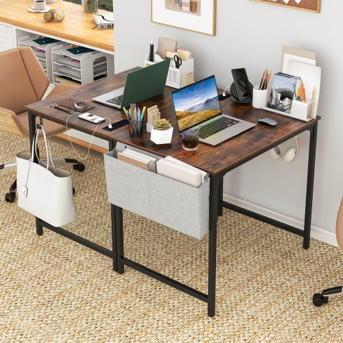 Costway 32" Meeting Room Desk Set of 2 with Charging Station & Headphone Hook Metal Frame Brown