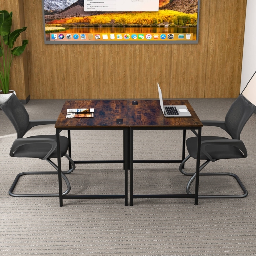 Costway 32" Meeting Room Desk Set of 2 with Charging Station & Headphone Hook Metal Frame Brown