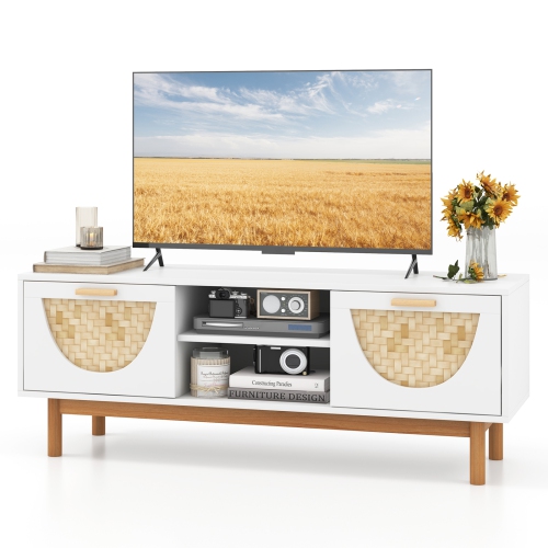 Costway TV Stand for 55-Inch TVs with 2 Drawers & Bamboo Woven Fronts Solid Wood Legs