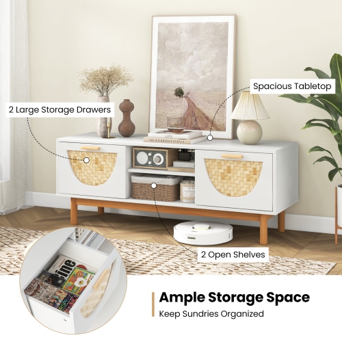 Costway TV Stand for 55-Inch TVs with 2 Drawers & Bamboo Woven Fronts Solid Wood Legs