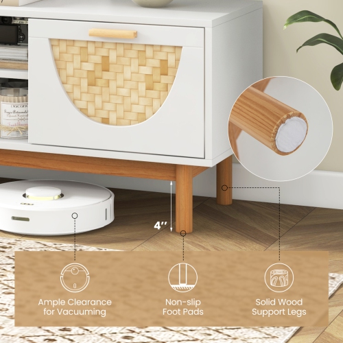 Costway TV Stand for 55-Inch TVs with 2 Drawers & Bamboo Woven Fronts Solid Wood Legs