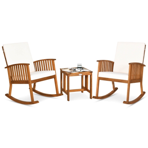 Costway 3 Pieces Acacia Wood Rocking Bistro Set with Coffee Table and Cushions for Lawn