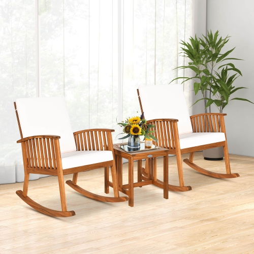 Costway 3 Pieces Acacia Wood Rocking Bistro Set with Coffee Table and Cushions for Lawn