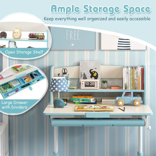Costway Kids Study Desk with 7-Level Tiltable Desktop Adjustable Height Pull Out Drawer