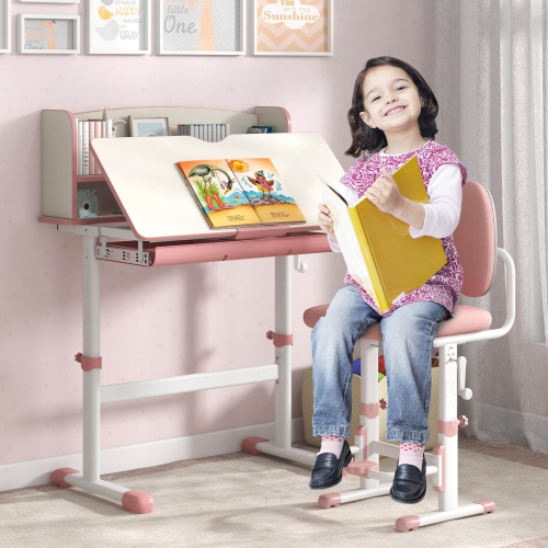 Costway Kids Study Desk with 7-Level Tiltable Desktop Adjustable Height Pull Out Drawer