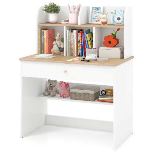 COSTWAY  Kids Wooden Study Desk Children Writing Table With Hutch & Drawer White