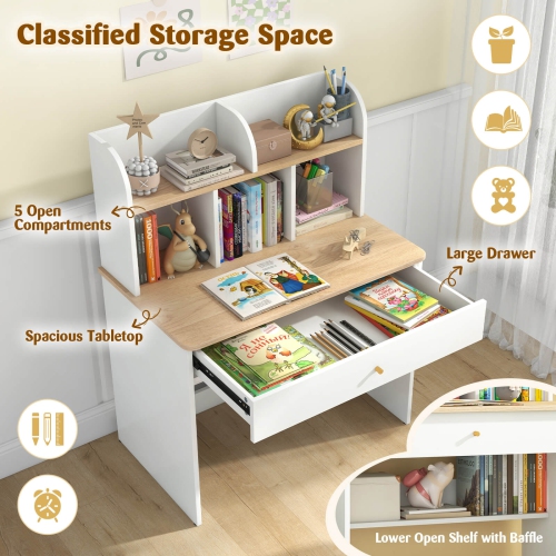 Costway Kids Wooden Study Desk Children Writing Table with Hutch & Drawer White