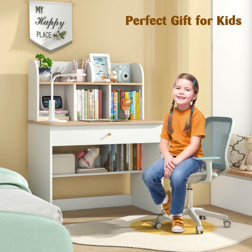 Costway Kids Wooden Study Desk Children Writing Table with Hutch & Drawer White